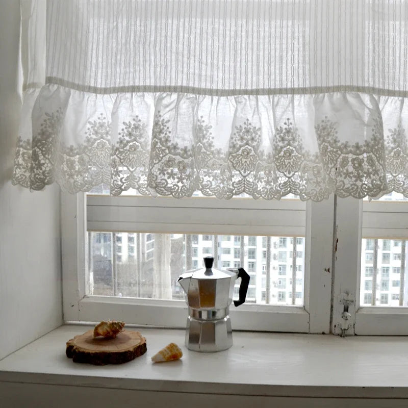 YICKYUE  -  Romance Retro Lace Light Luxury Short Curtain Striped Embroidery White Cotton Flounced Window Curtain Small Window Wedding Decor