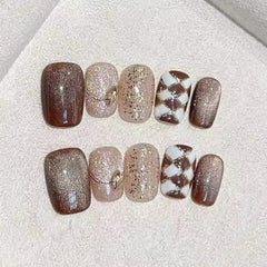 YICKYUE  -  10Pcs Caramel Cat Eye Wearable Round Head Short Fake Nails Hand Painted Planet Star Murad Style Full Over Press on Nail Tips Art