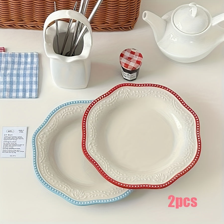 YICKYUE  -  2pcs of 8.5-Inch French Lace Plates, Embossed Bead Dot Dinner Plates, Royal Dessert Plates, Vintage Flat Plates, Pastry Plates, Fruit Plates, And Serving Dishes.