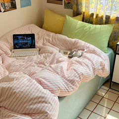 Yickyue Hot Sale Striped Cotton Bedding Set Soft & Skin-Friendly Duvet Cover Sets Japan and Korea Style Design Bed Linen Set