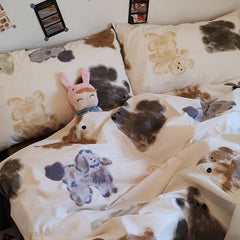 YICKYUE  -  100% Cotton Bedding Set Cute Cartoon Grey Coffee Puppy Dog Bed 4pcs Dormitory Duvet Sets Bed Sheet Girl Boy Women Men Beddingset