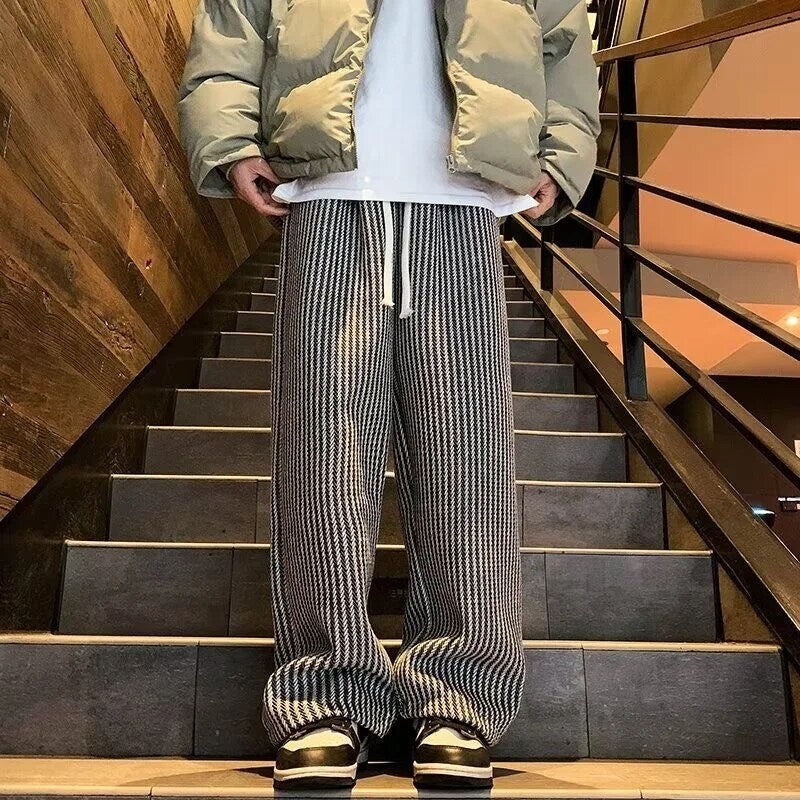Hearujoy American Vintage Vertical Stripes Woolen Casual Pants For Men Spring Autumn Fashion Straight Wide Leg Trousers Streetwear Male