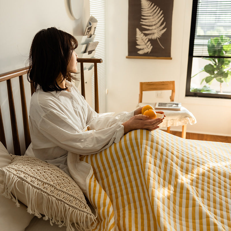 YICKYUE  -  200x 230cm Summer Air Condition Quilt Stripe Lightweight Comforter Full Queen Breathable Sofa Office Bed Travel Throw Blanket 이불
