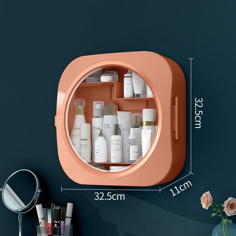 Wall-mounted Cosmetic Storage Box Makeup Organizer Bathroom Accessories Storage Rack Drawer Free Punching Dustproof Rack