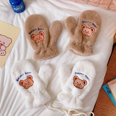 Girls Plush Gloves Winter Warmer Embroidered Bear Student Gloves Cute Plus Velvet Cycling Hanging Neck Gloves