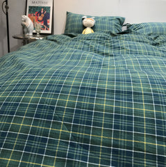 YICKYUE  -  Classic vintage blue green geometric plaid bedding set,cotton twin full queen King home textile bed sheet pillowcase quilt cover