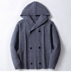Hearujoy Autumn Winter Men Double Breasted knitted Hoodie Jacket Vintage Grey Hooded Sweater Oversized  Knit Cardigan Casual Knitwear