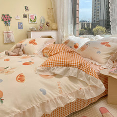 Lovely Princess Flower Print Ruffles Bedding Set 100% Cotton Cute Girls Duvet Cover Set with Bed Sheet Kawaii Bedding Sets Soft