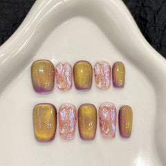 YICKYUE  -  10pcs Handmade Press on Nails Purple Crystal Design Fake Nails for Women Girl Wearable Sweet Korean Bead Cat Eye False Nails