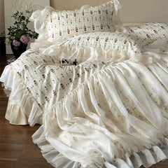 YICKYUE  -  4Pcs Vintage French Pure Cotton Rose Print Pleated Lace Ruffles Bedding Set Queen King Size Duvet Cover Set Bed Sheet Pillowcase