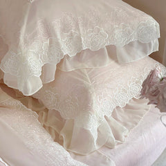 YICKYUE  -  4Pcs Pink Vintage French Lace Ruffles Princess Bedding Set Winter Milk Velvet Plush Duvet Cover Cover Set Bed Sheet Pillowcases