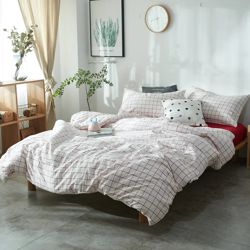 YICKYUE  -  Fresh bedroom set vintage style washed cotton fabric white plaid duvet cover bedding sets 3/4pcs bed linen red fitted sheet