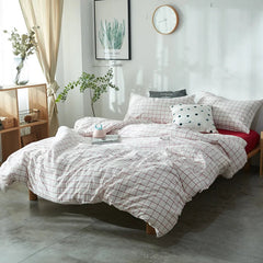 YICKYUE  -  Fresh bedroom set vintage style washed cotton fabric white plaid duvet cover bedding sets 3/4pcs bed linen red fitted sheet