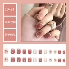 Yickyue Gentle Bean Sand Gradient White Wear Nail Short Temperament Pearl Fine Glitter Diamond Nail Fairy Rose Nail Piece Stick On Nails