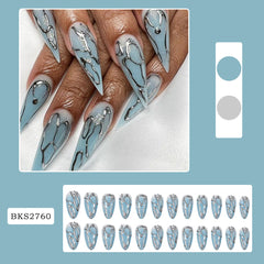 YICKYUE  -  24pcs Ins Punk Style Fake Nails Wearable 3D Silver Stripes Long Almond y2k Nails Press On Nails French False Nails Full Cover