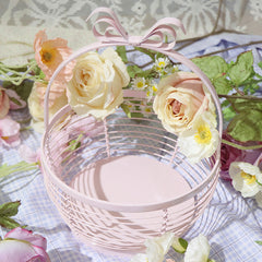YICKYUE  -  Ins Pink Storager Bow Handle Girl Picnic Basket Home Decoration Laundry Basket Wrought Iron Sundries Organizer Flower Basket