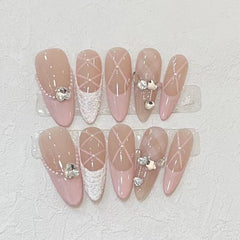 YICKYUE  -  10Pcs French Handmade Press on Nails Almond Fake Nails with Bow Wearable Stick-on Nails False Nail Накладные Ногти 네일팁