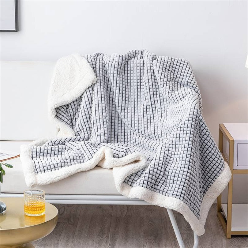 Yickyue Simple Modern Double-layer Lambskin Blanket Ins Korean-style Plaid Thickened Warm Sofa Nap Blanket Skin-friendly Soft Shawl