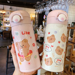 Simple and Cute Strawberry Bear Printing Cartoon Vacuum Flask Student Campus Girl Heart Elastic Cover with Lock Vacuum Flask