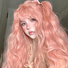 YICKYUE  -  Synthetic Long Wavy Curly Pink Wig with Bangs Lolita Cosplay Women Fluffy Hair Heat Resistant Wig for Daily Party