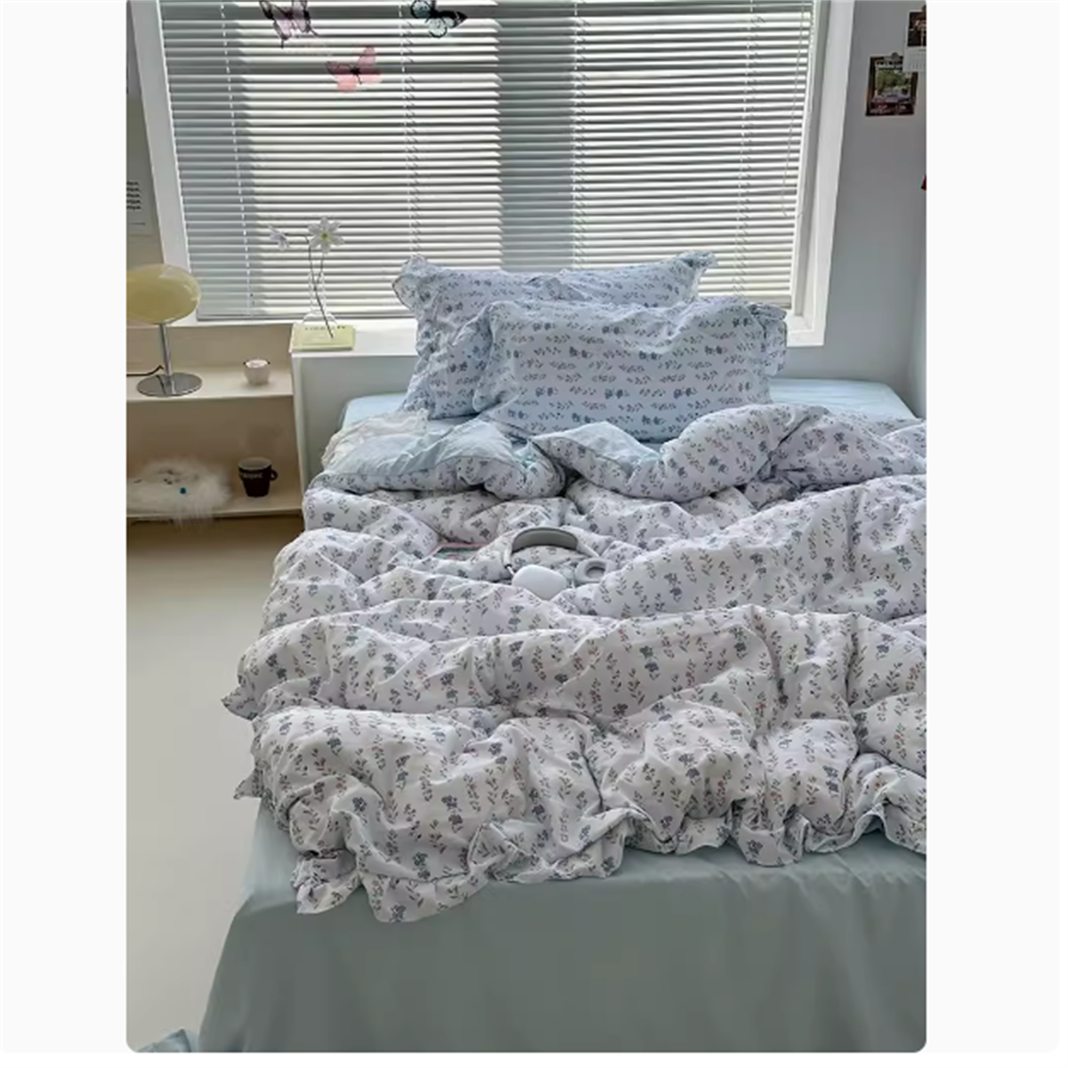 YICKYUE  -  Cute Princess Fashion Lattice Bedding Set Bed Sheet AB Double Sided Ruffle Flower Quilt Cover Pillowcase Bedclothes Home Textile
