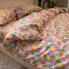 YICKYUE  -  Vintage flower tulip pink yellow green bedding set,twin full queen king cotton home textile bed sheet pillow case quilt cover