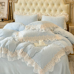 YICKYUE  -  4Pcs Vintage French Romantic Lace Ruffles Carved Velvet Warm Winter Princess Bedding Set Duvet Cover Set Bed Sheet Pillowcases