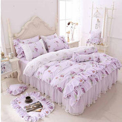 100% Cotton Floral Printed Princess Bedding Set Twin King Queen Size Pink Girls Lace Ruffle Duvet Cover Bedspread Bed Skirt Set