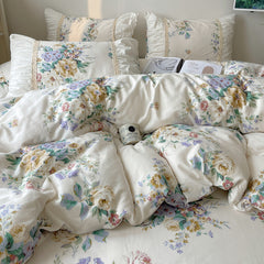 YICKYUE  -  Pure Cotton Korean Princess Style Bedding Set French Pastoral Country Flowers Duvet Cover Bed Skirt  With Pillowcases bed set