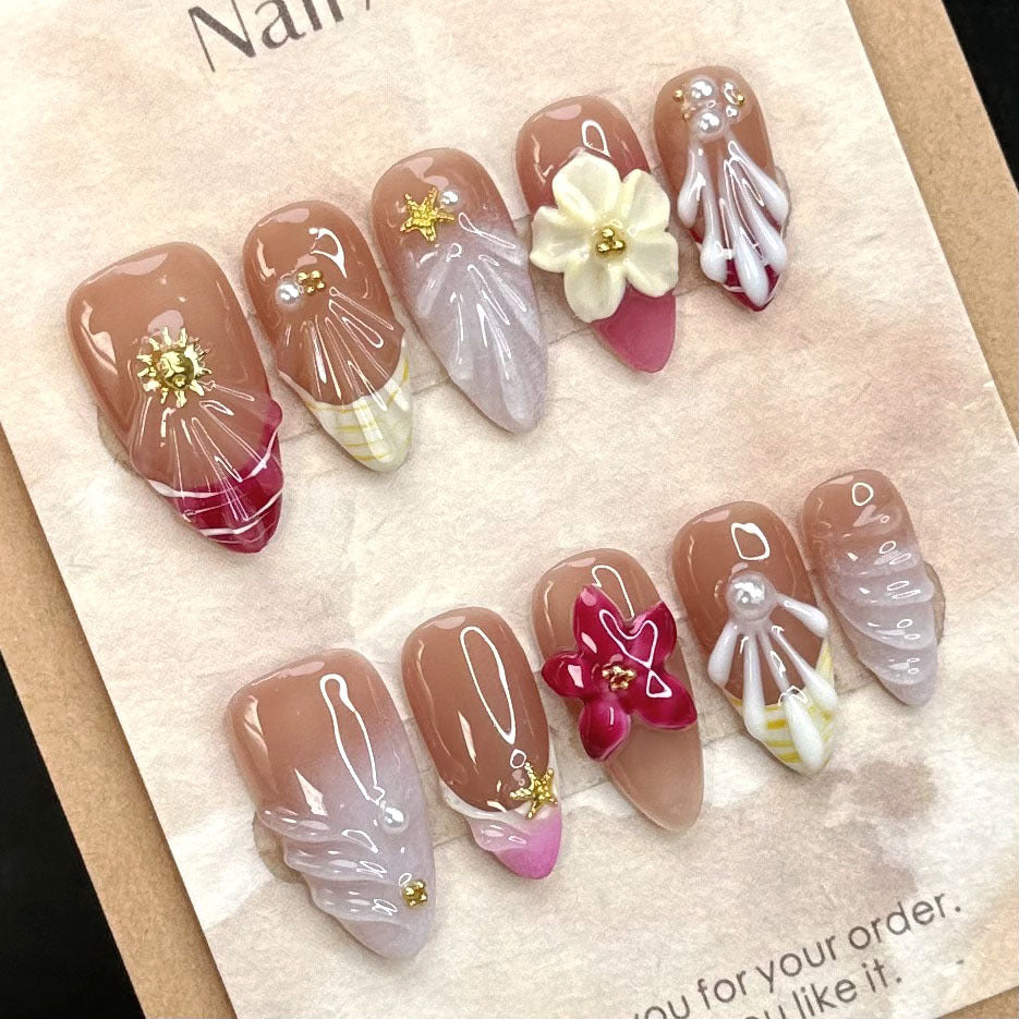 YICKYUE  -  10pcs Handmade Press on Nails Sweet Aurora 3D Mermaid False Nail with Pearl Flowers Decor Wearable French Almond Fake Nail Tips