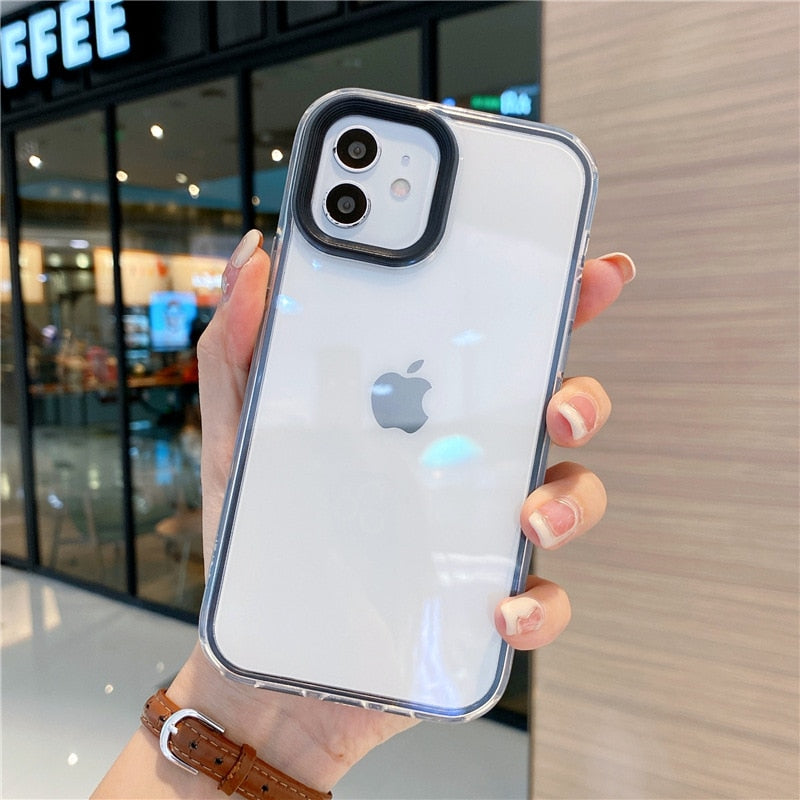 3 In 1 Solid Color Frame Clear Case For iPhone 11 12 13 Pro Max XR X XS 7 8 Plus SE 2 Transparent Silicone Shockproof Soft Cover