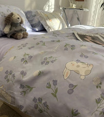 Yickyue -  Sweet cute rabbit tulips blue bedding set kid teen,twin full queen flower cotton home textile bed sheet pillow case quilt cover