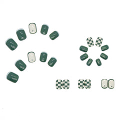 Press On Nails Green Grid Nail Patch Retro Blue Brown Short Nail Tips French Style Removable 24pcs False Nail With Wearing Tools
