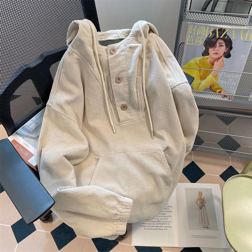 Hearujoy Japan Style Oversized Corduroy Hoodie Men Women Long Sleeved Loose Hooded Coats Fall Trendy Lazy Fat Unisex Tops Sweatshirt