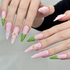 YICKYUE  -  10pcs Handmade Summer Press on Nails Sweet Pink Long Almond False Nails Wearable Ins 3d Carved Flower French False Nail Tips