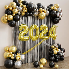 YICKYUE  -  Happy New Year Eve Party Decorations Black Silver Fringe Curtain Backdrop Golden Balloons 131PCS Balloons Garland Arch Kit
