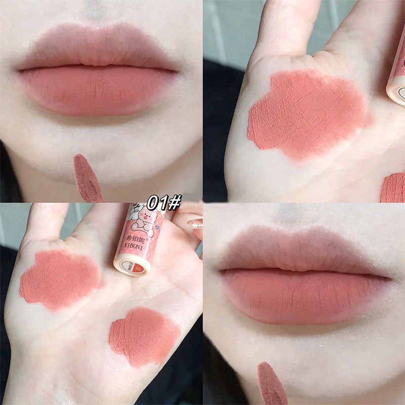 Yickyue Cute Bear Matte Lip Mud Red Velvet Mousse Grey Pink Lipstick Waterproof Long Lasting Non-Stick Cup LipGloss Korean Cosmetic