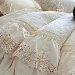 YICKYUE  -  Vintage French Style Princess Lace Ruffles Carved Velvet Bedding Set Duvet Cover Bed Sheet/Fitted Sheet/Bed Skirt Pillowcases