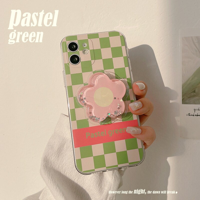 Pastel green ins pink Peach blossom stand holder soft silicone phone case for iphone 11 12 mini pro max x xr xs max 7 8 plus