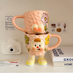 YICKYUE  -  Korean Cute Cartoon Style High Temperature Firing Ceramics Coffee Mug With Handle Underglaze Handmade Painting Afternoon Tea