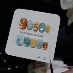 YICKYUE  -  10Pcs Handmade Short Lovely Press On Nail Shiny Cat Eye Summer Beach Starfish Design Cute Fake Nail Wearable Nails Tips Art Girl