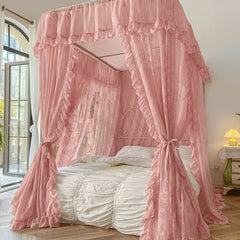 YICKYUE -  Three Door Princess Lace Bed Valance Windproof Blackout Bed Curtain U -Shape Rail Mosquito Net Double Bed  Bedroom Decoration