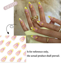 Yickyue  Yellow Little Flowers Pearl Cute Almond Shape False Nails Simple French Detachable Finished Fake Nails Press on Nails with Glue