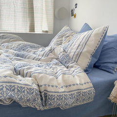 Yickyue 4Pieces Yarn Dyed Wasehed Cotton Boho Bedding set blue white Tribal Striped Geometric Print Duvet Cover with Zipper Ultra soft
