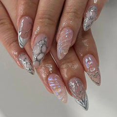 YICKYUE  -  Purple Halo Dying Silver Flame Design Almond Shape Fake Art Nail Detachable Finished False Nail Tip Press on Nail Glue Manicure