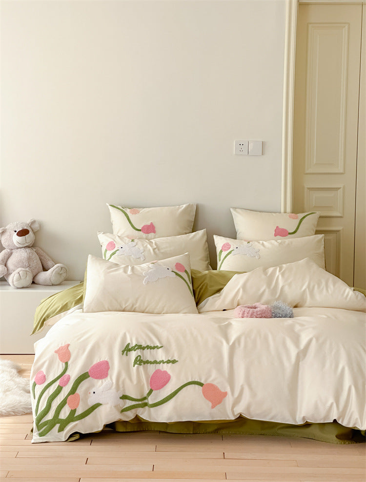 Yickyue Romantic three-dimensional towel embroidery Carnation 100 Cotton 4 Pcs cotton Duvet cover girls' bedding wholesale
