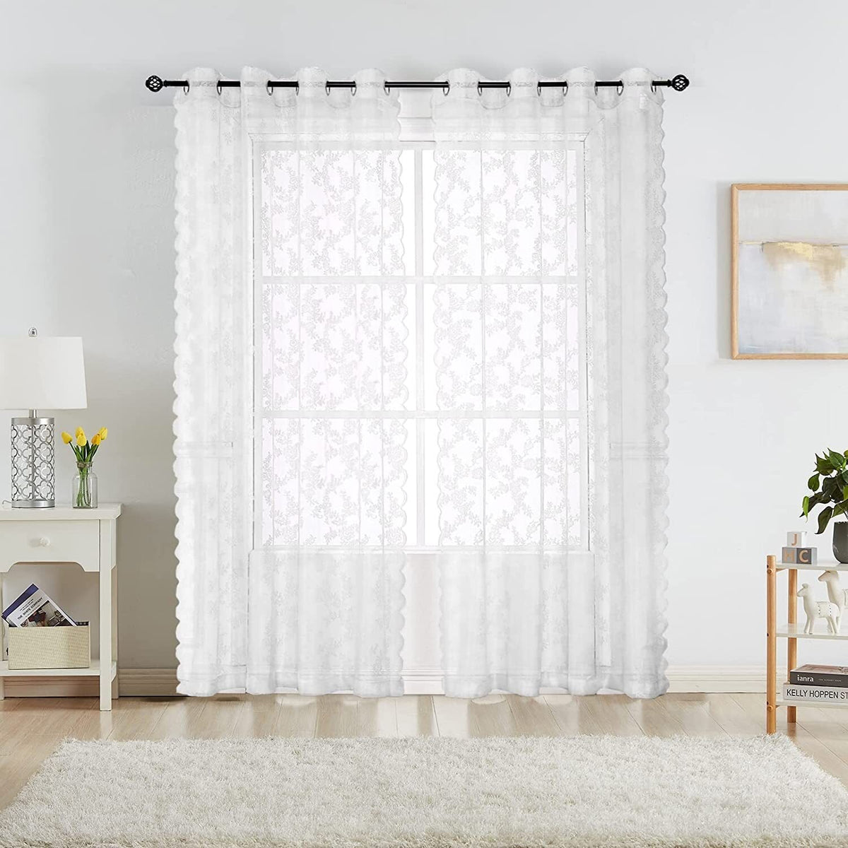 Yickyue New Popular Curtain Embroidered Yarn Lace Sheer Curtain Black Gray Perforated Home Decoration