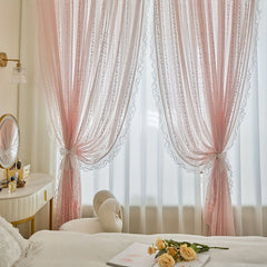 YICKYUE  -  [Pink Lace Romantic Curtains] 2pcs Pink Lace Romantic Aifish Curtains - Double Layer Beaded Voile Sheer with Rod Pocket, Polyester Fabric for Bedroom & Living Room