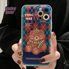 Lucky bear Rhomboid cute phone case for iphone 12 mini x xr 11 13 pro max xsmax 7 8 plus silicone soft cartoon lovely conque