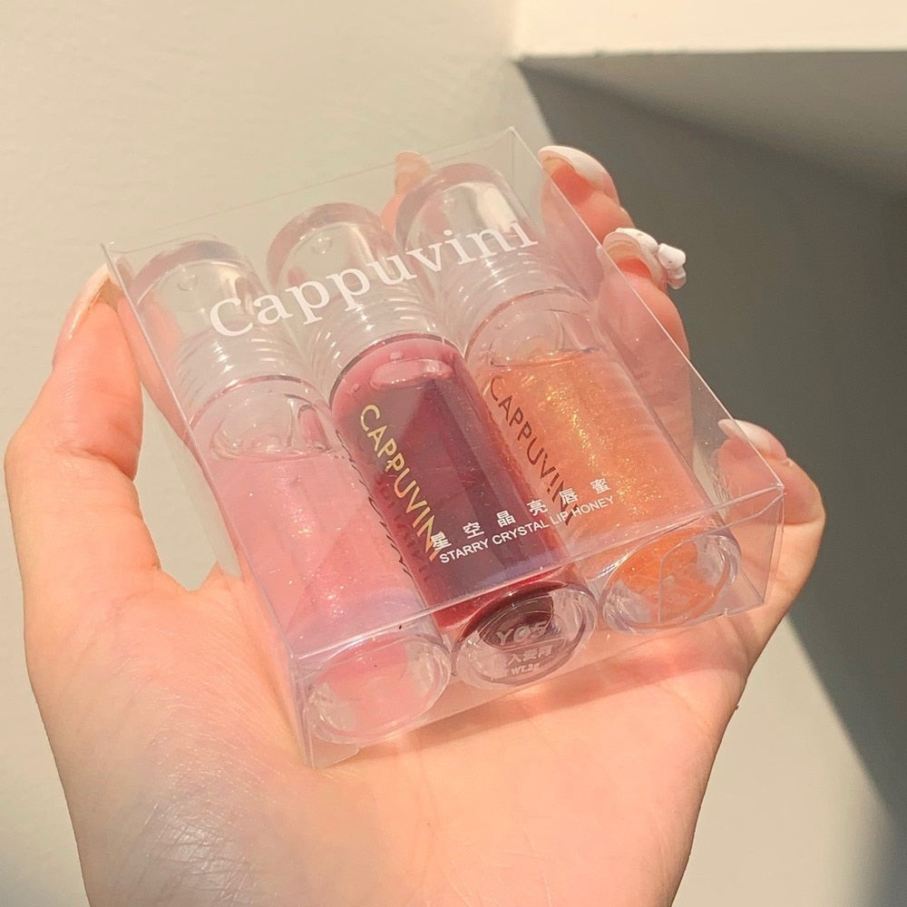 Capovini 3 Packs of Transparent Water Gloss Lip Gloss Pearl Gloss Lip Gloss Glass Moisturizing Natural Jelly Color Lip Makeup